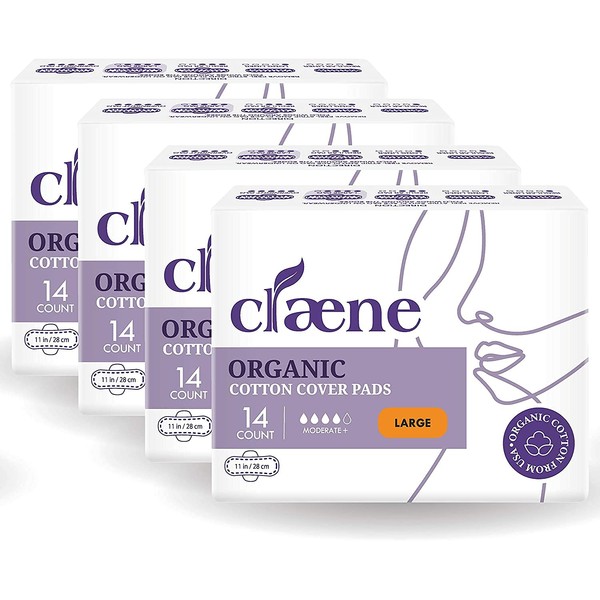 Claene Organic Cotton Cover Pads, Cruelty-Free, Menstrual Overnight Sanitary Pads for Women, Unscented, Breathable, Vegan, Organic Pads, Natural Sanitary Napkins with Wings (Large, 56 Count)