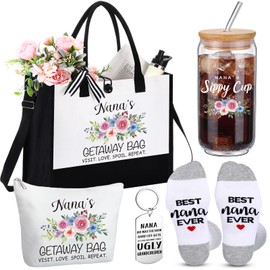 Funnymoom 5 Pack Nana Gifts from Grandkids,Best Nana Ever Gifts for Mothers Day,Nana Birthday Gift Ideas,Nana's Getaway Tote Bag,Makeup Bag, 16 oz Drinking Glass,Nana Socks and Keychain