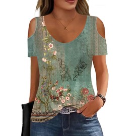 Soesdemo Women Summer Green Flower Printed Tops Scoop Neck Cold Shoulder Short Sleeve 2024 Loose Fit Basic Tee Shirts