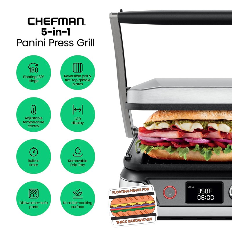 Chefman 5-in-1 Digital Panini Press Grill Sandwich Maker and Griddle