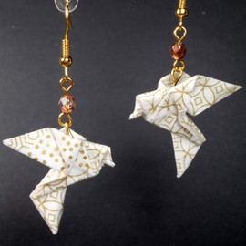 Gold Pattern on White Paper Origami Peace Dove with Czech Glass Bead Earrings, 1st Anniversary Gift