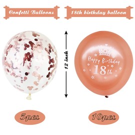 DOJoykey 18th Happy Birthday Balloons Pack, 10pcs Rose Gold Balloons Printed with Letter 5pcs Confetti Balloons for 18th Birthday Party Decoration