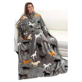 Catalonia Taupe Horse Wearable Blanket with Sleeves and Pocket, Soft Comfy Fleece Snuggy Wrap Throws Blanket Robe for Women and Men