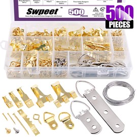 500Pcs 10Ibs-75Ibs Picture Hangers Assortment Kit, Heavy Duty Picture Frame Hanging with Picture Hangers, Hooks, D Ring, Nails, Eye Screws, Sawtooth Hangers, Steel Twisted Wire for Picture