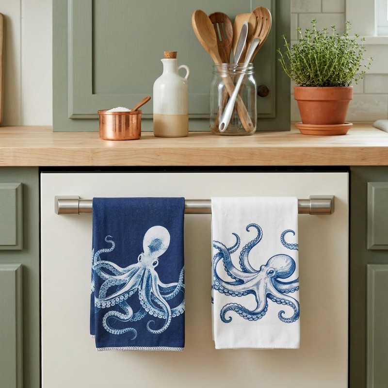 2Pcs Coastal Octopus Kitchen Towels Blue and White Octopus Hand