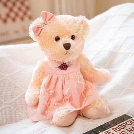 Riverwar Small Teddy Bear Stuffed Animal in a Dress, Cute Soft Plush Toy, Cuddly Gift for Babies, Boys, Girls on Christmas or Valentine's Day (10 inches, Pink Orange Dress)