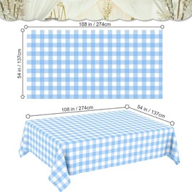 Light Blue Checkered Tablecloth, 54 ×108 Inches Rectangle Blue Disposable Plastic Waterproof Table Cover for Outdoor Picnic, Kitchen, Holiday Birthday Party (3 Pcs)