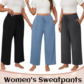 Neer 3 Pack Women's Plus Size Wide Leg Pants, Elastic Waist Lounge Pants with Pockets Drawstring Casual Pj Yoga Sweatpants(Blue, Dark Grey, Black,4X-Large)