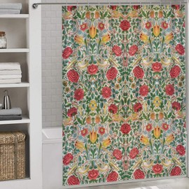 Yearn Jear William Morris Shower Curtain,Vintage Red Rose Flower Art Style Shower Curtain Set for Bathroom Fabric Decorative Bath Curtain Washable Curtain Hooks, 72x72”