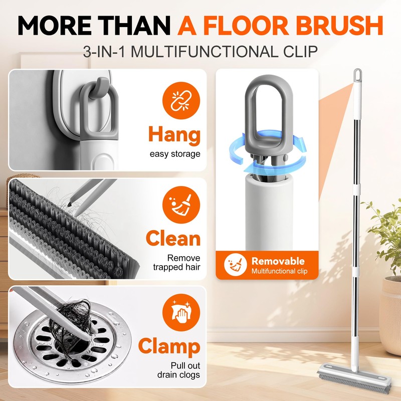 3-in-1 Floor Scrub Brush with 55” Long Handle, V-Shape &