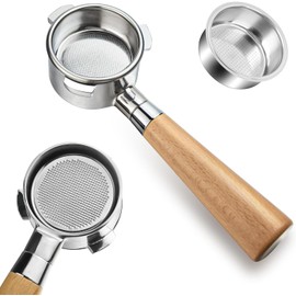 NKU Portafiltro sin fondo de 51 mm, 3 orejas con cesta de filtro (no visualización de disco), mango de madera natural, compatible con De'Longhi EC680/EC685, SMEG ECF01, Tsann Kuen TSK-1837B/TSK-1819A