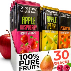ZEARAW Healthy Fruit Snacks for Adults and Kids – 30 Fruit Leather with Dried Apple-Pear, Apple-Raspberry, Persimmon – Vegan Low-Carb Variety Pack Strips for Kids – Sugar Free Bars