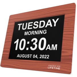 American Lifetime 【New 2025】 Dementia Clock Large Digital Clock for Seniors, Alzeimer Clock Large Display with Custom Alarms, Clock with Day & Date for Elderly, Digital Calendar Brown Wood