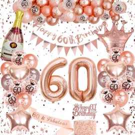 UgyDuky 37Pcs 60th Birthday Decorations Balloons, Rose Gold Happy 60th Birthday Banner Balloons, Triangle Flag, Sixty Birthday Tiara Star Hear Foil Balloons for Women 60 Years Old Birthday Party Decor