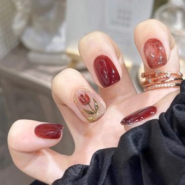 Nail Tips, 24 Pieces, Nail Tip, Short, False Nails, Round Tip, Fashion, Korean, Short, Cute, Long, Red, Nail Seal, Wedding Nail Tip, Popular, Japanese Style, Bride Nails, 48 Double Sided Tapes