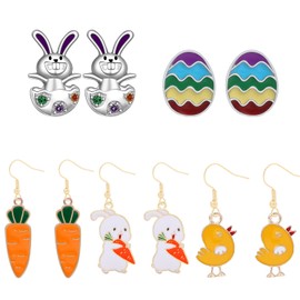 JUFYVO 5 Pairs Easter Earrings Rabbit Carrot Statement Dangle Earrings Egg Earrings Easter Costume Dress Up Accessories for Girls Women