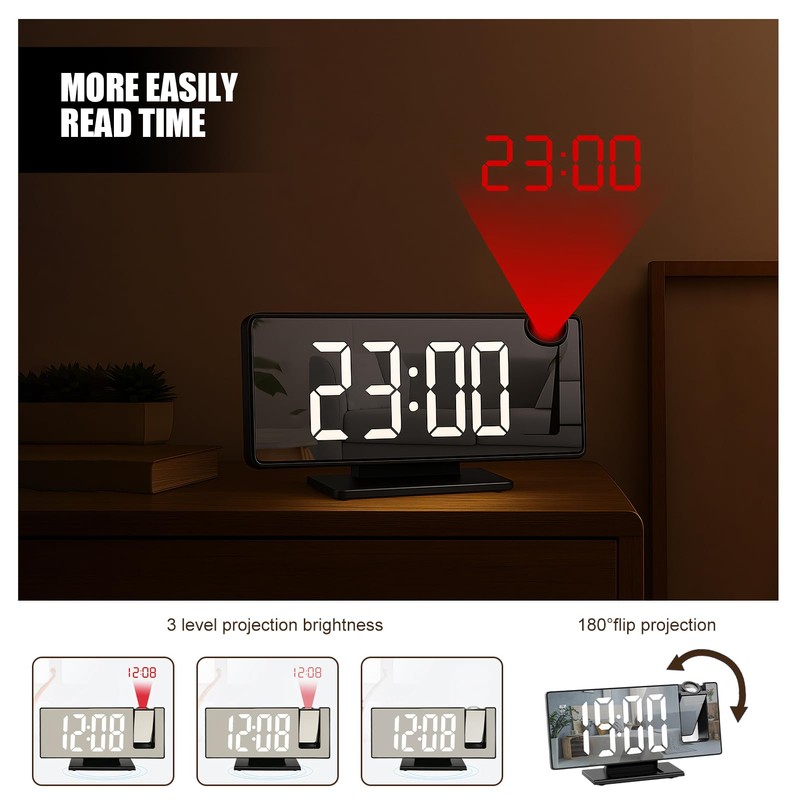 Lichamp Projection Alarm Clocks Bedside,180° Rotatable Projector Mirrorautomatic Brightness,LED Digital