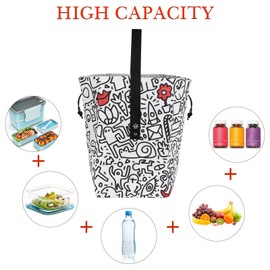 Linkidea Cute Lunch Bag with Handle, Drawstring, Large Mouth, Perfect for Work, Picnic and Travel, Compatible with Bentogo, LunchBots, EasyLunchboxes (White Graffiti)