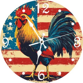 ubcindy Silent Non Ticking Wall Clock 12 Inch, Rooster Retro American Flag Round Wood Wall Clocks, Battery Operated, Decorative for Bathroom, Kitchen, Living Room, Bedroom, School, Dining, Office