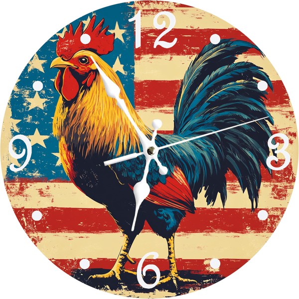 ubcindy Silent Non Ticking Wall Clock 12 Inch, Rooster Retro