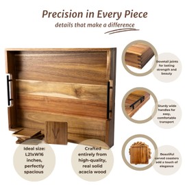 VVEROs Acacia Wood Ottoman Tray for Living Room - 21" Large Coffee Table Tray & 6 Coasters Set, Stylish Serving Tray with Handles for Food, Drinks, Kitchen, Patio & Couch, Wooden Tray for Home Decor
