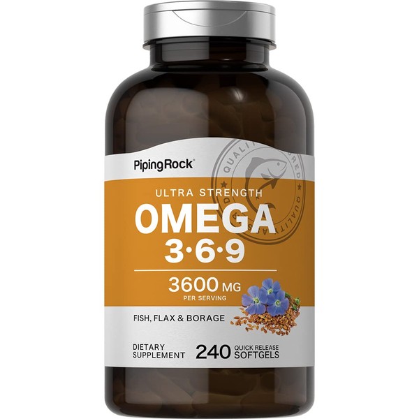Piping Rock Omega 3 6 9 | 3600mg | 240 Softgel Capsules | Fish Flax Borage | Ultra Strength Supplement | Non-GMO, Gluten Free