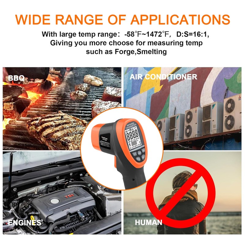 HOLDPEAK Infrared Thermometer D:S=16:1, Digital IR Thermometer 58℉~1472℉, Non-Contact High