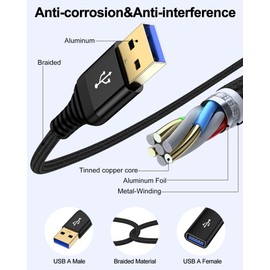 USB 3.0 Extension Cable, 10ft USB-A to A Male to Female Cord for Fast Data Transfer Extender with PC, Laptop, Webcam, Printer, Keyboard, Flash Drive, External Hard Drive, Camera, Controller Cord