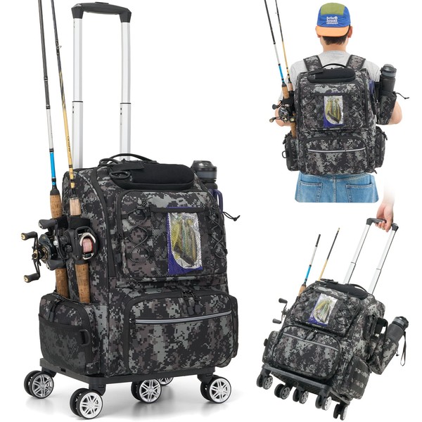 Lansru Rolling Fishing Backpack with Rod Holder, 48L Wheeled Tackle