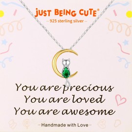 Just Being Cute May Birthstone Necklace for Women Girls, Cat Necklaces 925 Sterling Silver Teardrop Pendant 18K Gold-Plated Birthstone Jewelry Gifts for Birthday Valentine's Day