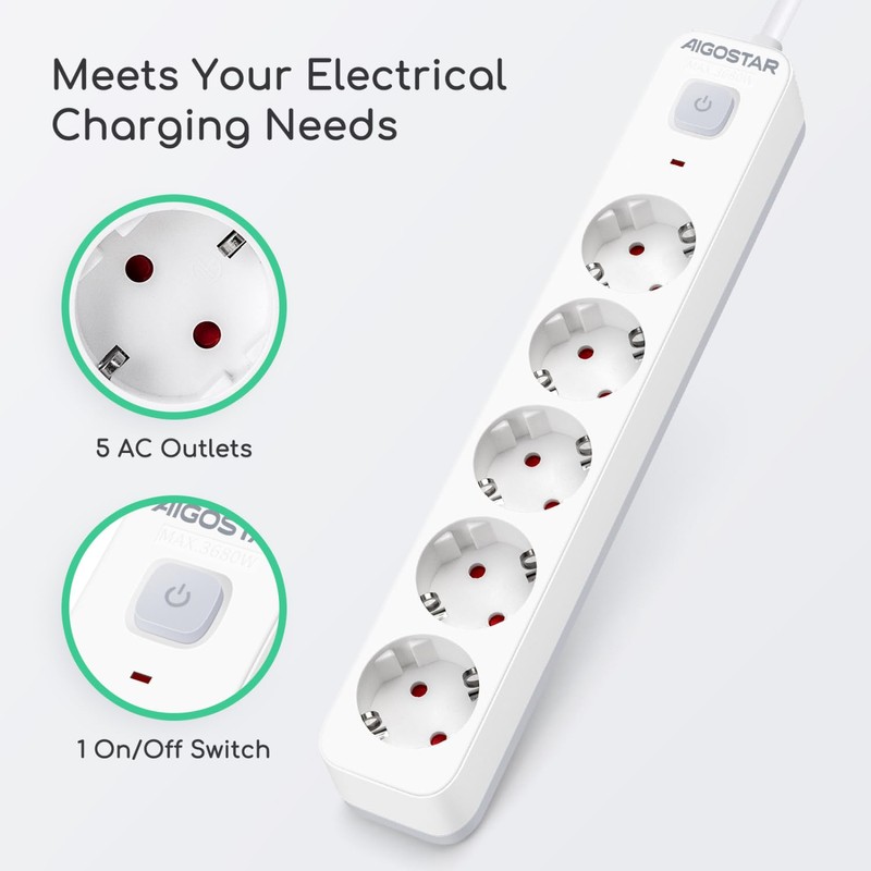 Aigostar 5-Way Power Strip with Switch, Multiple Socket with Child
