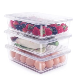 77L Food Storage Container, (3-Pack) Plastic Food Containers with Removable Drain Plate and Lid, Stackable Portable Freezer Storage Containers - Tray to Keep Fruits, Vegetables, Meat and More