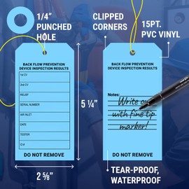 Tags 4 Less Custom Backflow Preventer Inspection Tags – 2 5/8" x 5 1/4" Maintenance Record Label for Backflow Test, Waterproof Heavy Duty Vinyl Plastic for Record-Keeping (Pack of 100)