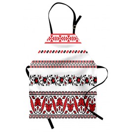 Lunarable Antique Apron, Traditional Ukrainian Borders Set Classical Vintage Lace Like Tile Print, Unisex Kitchen Bib with Adjustable Neck for Cooking Gardening, Adult Size, Red Black