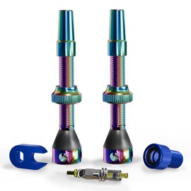 Shredr. Tubeless Valve Set | Presta Valves for Tubeless Tyres | Super Light Aluminium Colourful Anodised French Valve | Includes Valve Adapter, Replacement Valve and Tool (Rainbow, 44 mm)