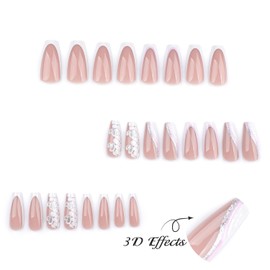 Coffin Press on Nails Long Fake Nails with Designs Glossy Valentine’s Day Glue on Nails Glitter Silvery Swirl White False Nails Heart Nails Press on Acrylic Nails French Tip Stick on Nails for Women