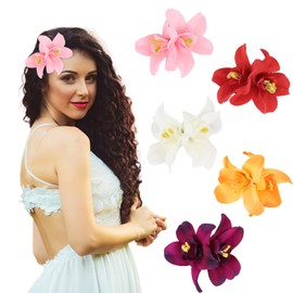 ACO-UINT 5Pcs Hawaiian Flower Hair Clips for Women, Plumeria Flower Hair Clips 3.5 Inch Tropical Beach Summer Accessories for Vacation Party Daily Wear Hawaiian Accessories for Women