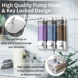 Soap Dispenser Wall Mounted, Triple 300mL Shampoo and Shower Gel Dispenser, Hand Wash Body Wash Liquid Dispenser, No Drill Wall Mounted Shower Dispenser for Home Hotel Restaurant (Silver)