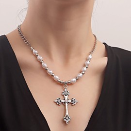 Yienate Punk Cross Beads Necklace Gothic Cross Crucifix Pendant Necklace Silver Beads Necklace Large Cross Necklace Charm Aesthetic Jewellery for Women and Girls