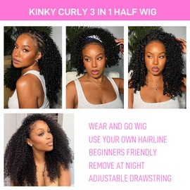 Kinky Curly Half Wig Human Hair 250 Density 3 in 1 Seamless Flip Over Half Wigs Human Hair Glueless Wear and Go Beginner Friendly Kinky Curly Wig Human Hair Drawstring Headband Wigs for Women 18inch