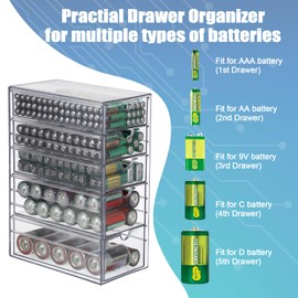 BTSKY Clear Plastic Battery Storage Organizer for AA, AAA, 9V, C, D Batteries, 5-Drawer Storage Box Battery Holder Organizer for Common Types Batteries, Household Container(Batteries Not Included)