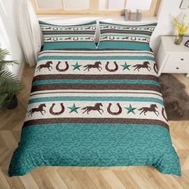 Western Horseshoe Bedding Set King Size Kids Retro Cowboy Style Comforter Cover Set for Women Men Farmhouse Wild West Duvet Cover Breathable Teal Beige Brown Bedspread Cover Room Decor Quilt Cover