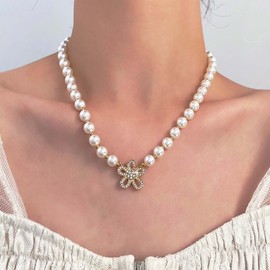 Iaceble Vintage Flower Pearl Choker Necklace Gold Cz Flower Pendent Necklace Wedding Pearl Necklace Rhinestone Flower Necklace Daisy Floral Necklace Jewelry for Women