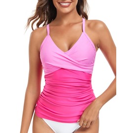 RELLECIGA Women's Fuchsia+Hot Pink V Neckline Ruched Tankini Top Swimsuits Size Small