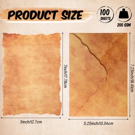 Seajan 100 Sets Antiqued Envelope with Deckle Edge Blank Paper 200 GSM Thick Vintage Envelopes Antique Paper Cotton Watercolor Paper Sheets for Writing Invitations Announcements Crafts (5 x 7 Inch)