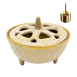Cast Iron Incense Burner with 9-Hole Copper Incense Holder - Works for Incense Sticks, Cones, Resins, and Wax Melts, Log Burner Wax Melts Warmer (White)