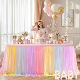 Rainbow Tablecloth Rectangle 6 Foot Elastic Fitted Tulle Ruffle Tablecloths Rectangular Stretch Spandex Table Covers 6ft Baby Shower Birthday Wedding Party Pastel Table Cloths with Skirt