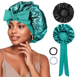PAEFIU Pack of 2 Satin Silk Bonnet for Sleeping, Soft Sleep Cap Silk with 2 Hair Elastics, Breathable Satin Hair Cap, Silk Bonnet Sleep Cap for Long Short Curly Hair (Black, Peacock Blue)