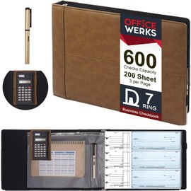 Office Werks Executive Check Binder with Calculator & Pen Included – 7 Ring Zippered Checkbook Portfolio, 9x13 Organizer Holds 200 Sheets (600 Checks), Brown