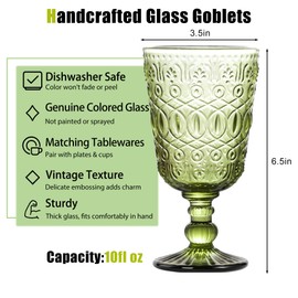 6 Pack Vintage Embossed Glass Goblets – 10oz Colored Wine Glasses with Relief Pattern, Thick Glassware for Red Wine, Water, Cocktails – Original Color, Never Fades, Dishwasher Safe (Olive Green)